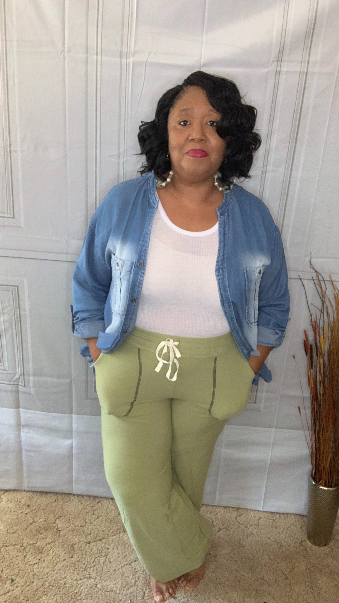 Plus Size Green Elastic Waist Sage Track Pants, You + All