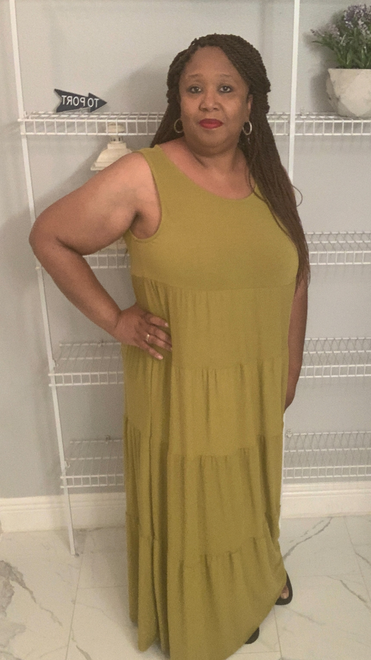 Plus Size Olive Mustard Tiered Maxi Dress