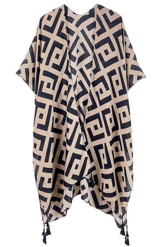 Geometric Pattern Print Tassel Kimono Taupe