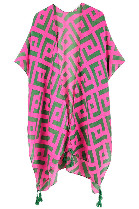 Geometric Pattern Print Tassel Kimono Pink & Green