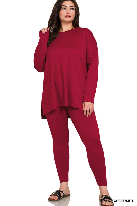 Plus  Size Long Sleeve Lounge Set- Cabernet