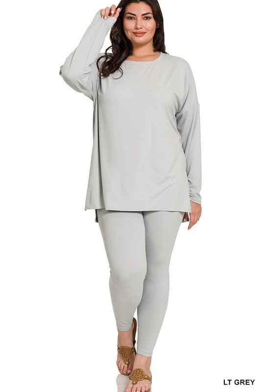 Plus  Size Long Sleeve Lounge Set- Lt. Grey