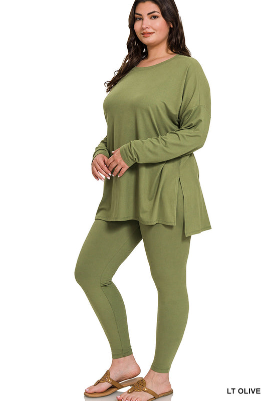 Plus  Size Long Sleeve Lounge Set- Lt. Olive