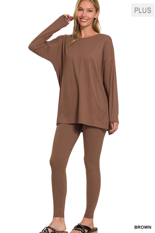 Plus  Size Long Sleeve Lounge Set- Brown