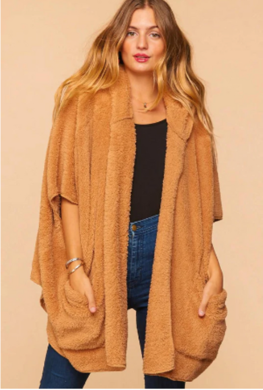 Plus Size Sherpa Open Hoodie Poncho Cardigan-Taupe