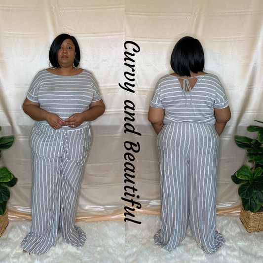 The Gabriella Grey  Strip Wide Leg  Jumpsuit freeshipping - Curvy and Beautiful Boutique