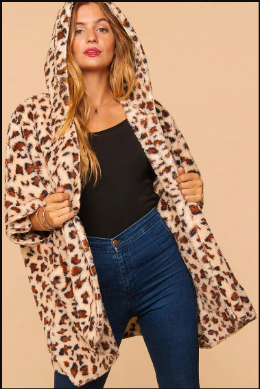 Plus Size Sherpa Open Hoodie Poncho Cardigan-Leopard