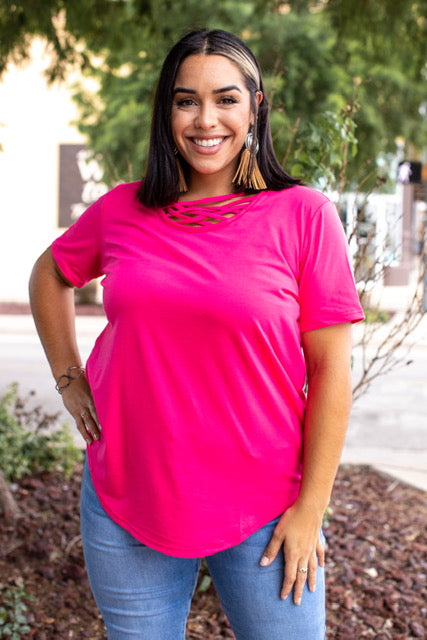 Neon Pink Caged Neck Top