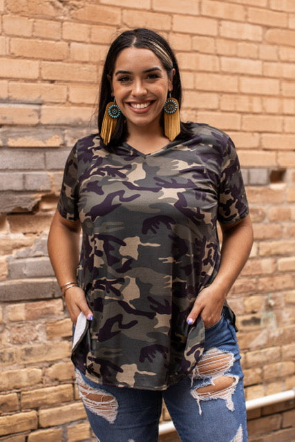 Plus Size Camo Fitted V-Neck Top